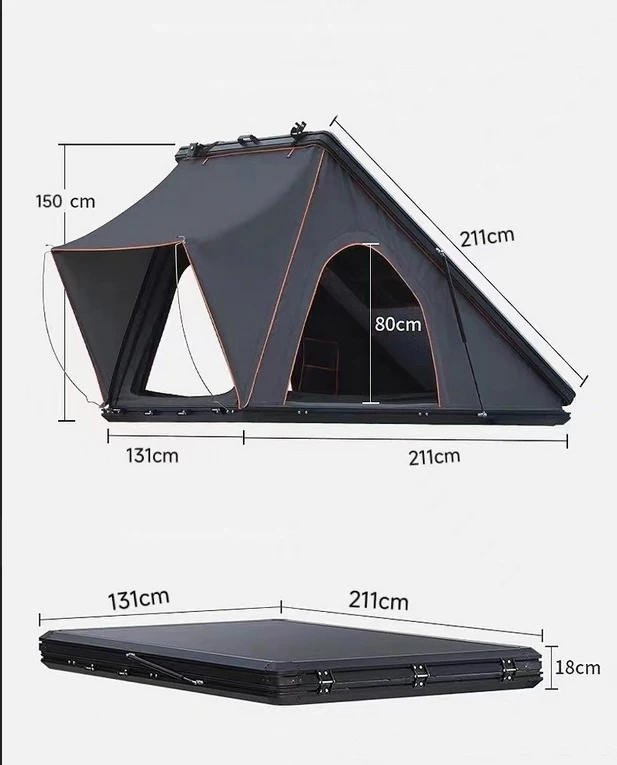 Camping Triangle Car Rooftop Tent Hard Clamshell Black Gray Aluminum 4 Person Hard Shell Roof Top Tent  