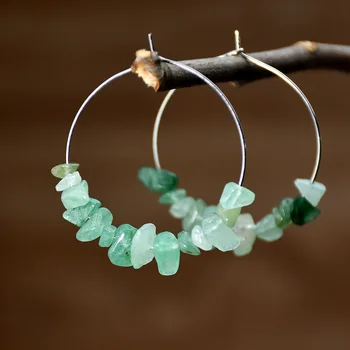 Natural Green Aventurine Crushed Stone Beaded Hoop Earrings Handmade Bohemia Healing Crystal Chip Bead Women Earrings
