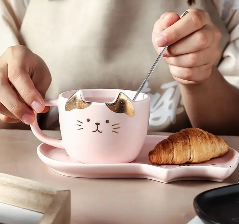 Nielidche Tazza Da Caffè Con Piattino E Cucchiaio – Set Da 200 Ml In Porcellana Rosa Per Amanti Dei Gatti