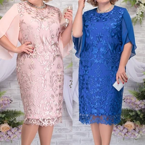 Women Plus Size Dress O-neck Midi Loose Dress M-5xl Lady Evening Lace Mesh Sexy Elegant Dress Female Clothing Summer Autumn