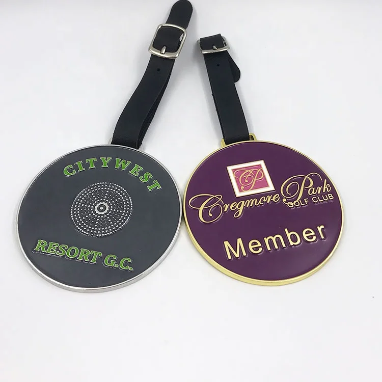 Custom Luggage Round Metal Brand Leather Buckle Black Golf Tag Bag Name Tags details