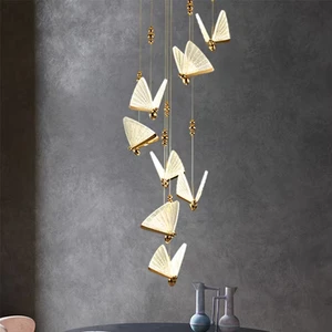 Zeal Lighting Acrylic Gold Villa Hanging Nordic Pendant Light Long Butterfly Chandeliers Ceiling Pendant Light for Staircases