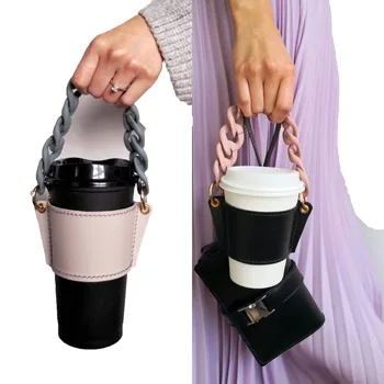 Coffee Cup Sleeve Holders custom logo PU leather cup holder Milky Tea Cup holder With Acrylic Chain Strap