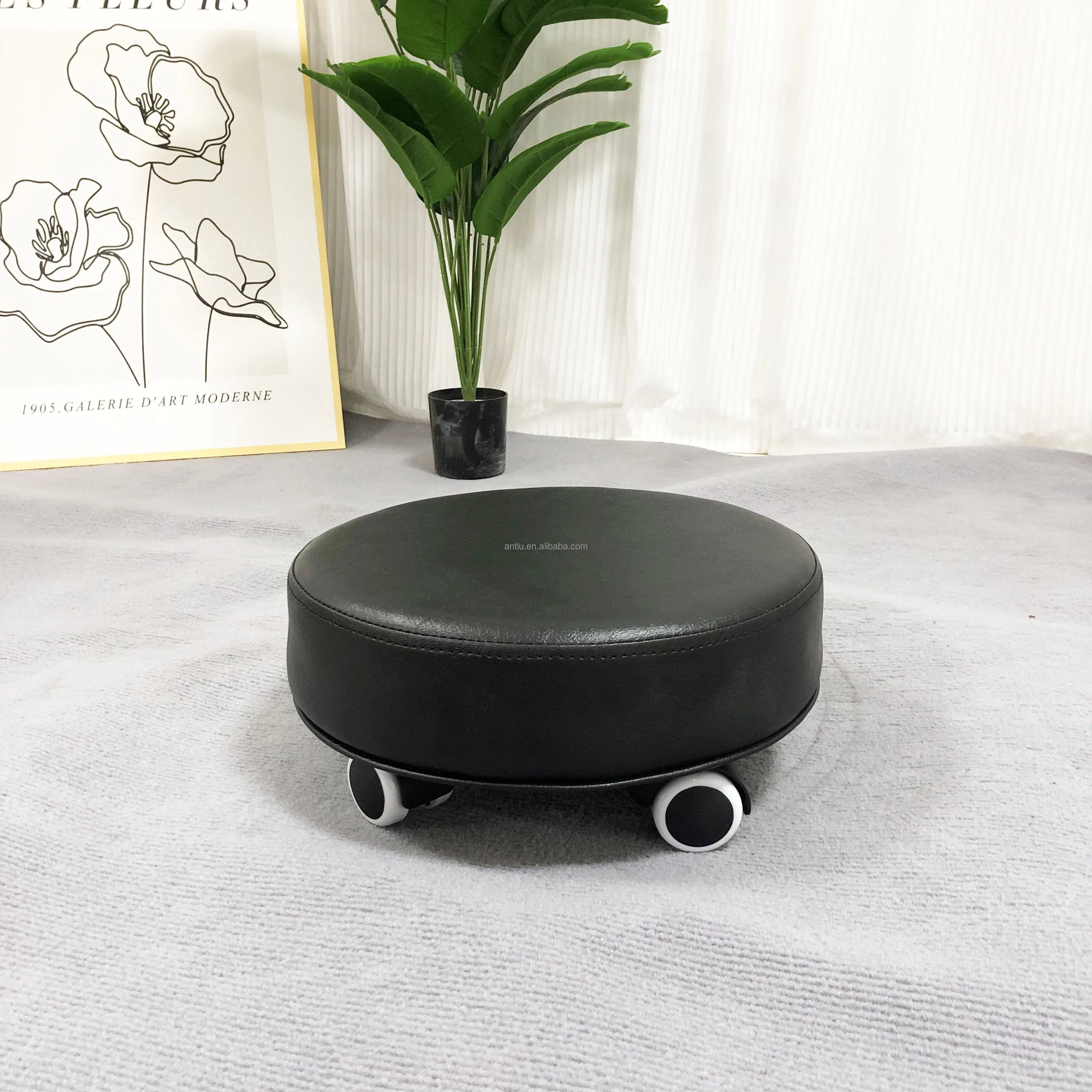 small round rolling low stool salon