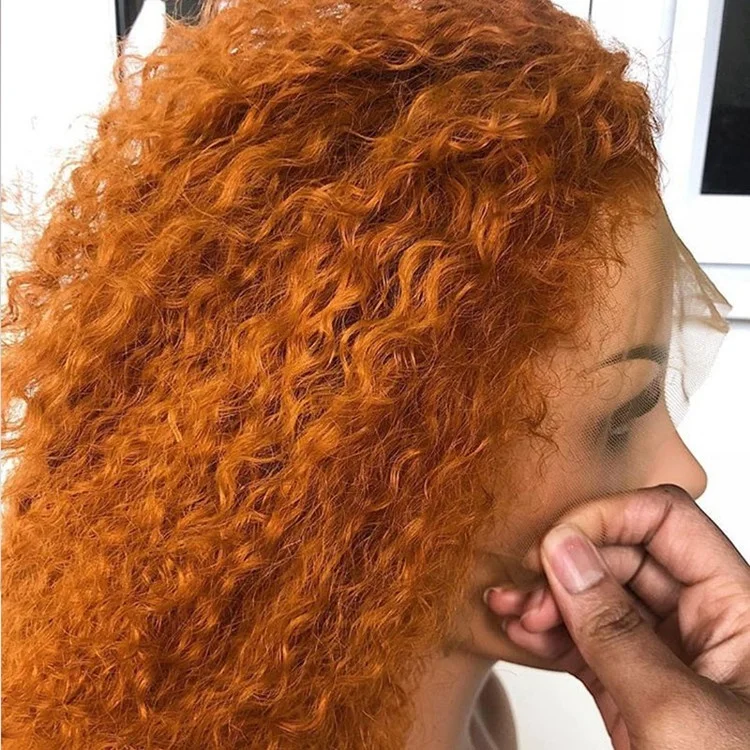 Cuticle Aligned High Density Orange Kinky Curly Raw Cambodian Human Hair Lace Frontal Wigs