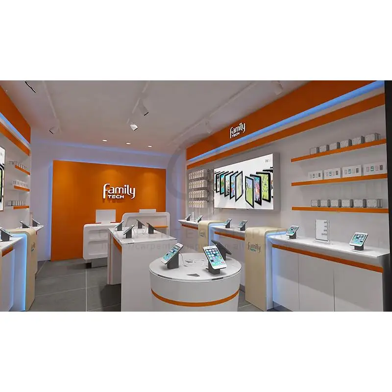 Free Store Design Mobile Phone Shop Decoration Glass Cell Phone Counter with Led Light Strip