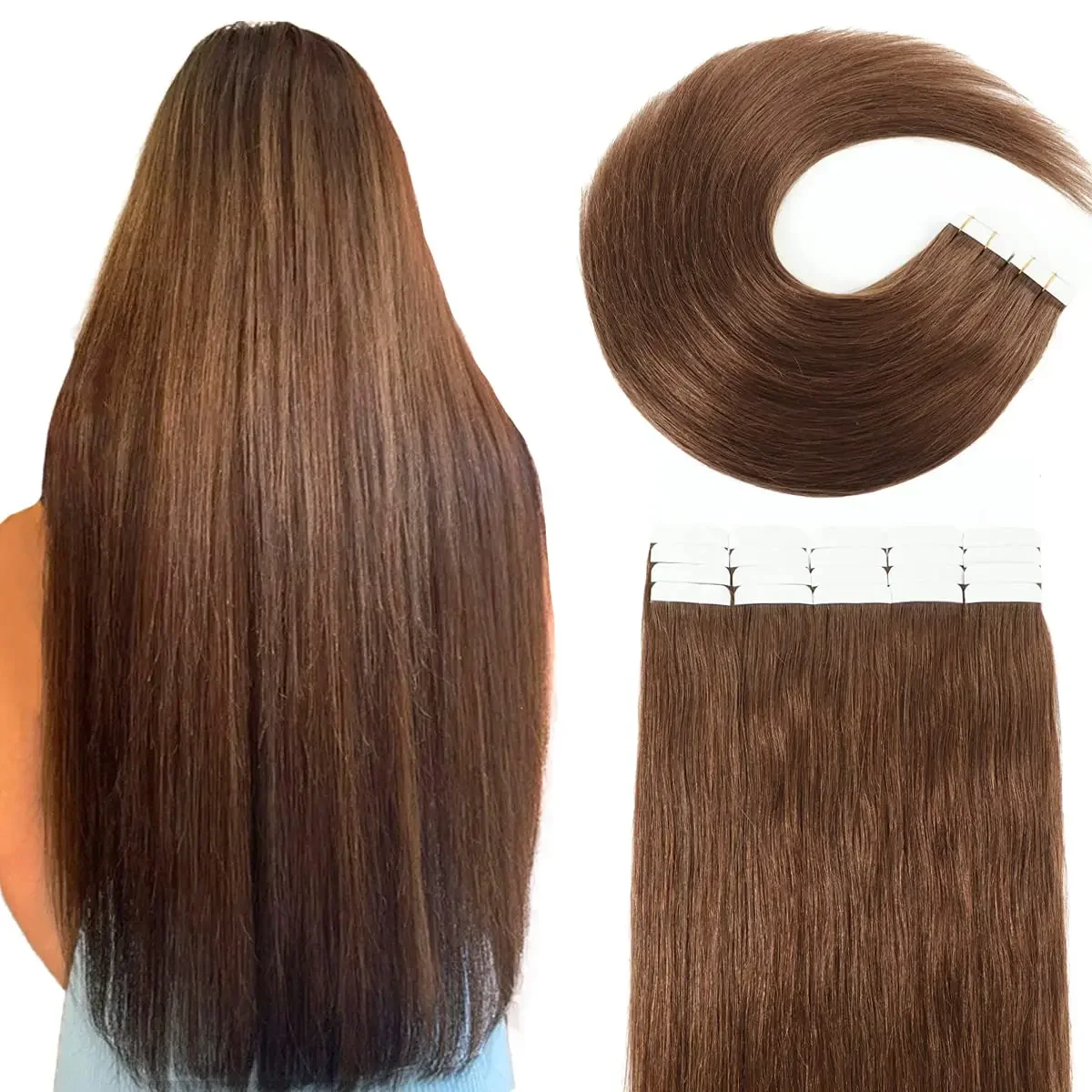 Brazilian Straight Remy Tape In Hair Extensions Medium Brown #4 100% Real Human Hair Skin Weft for Women_voghion.com