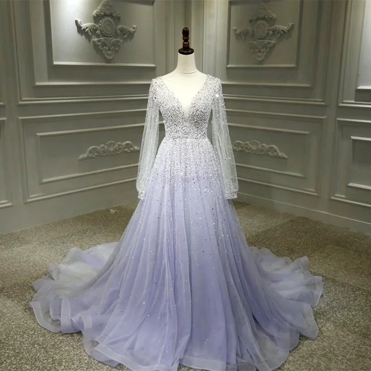 Purple Prom Gown Tulle With Beads Long ...