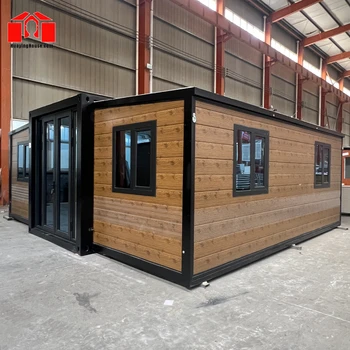 20FT Expandable Prefabricated House with Black Frame, Rosewood Finish, Two Bedrooms and One Bathroom.