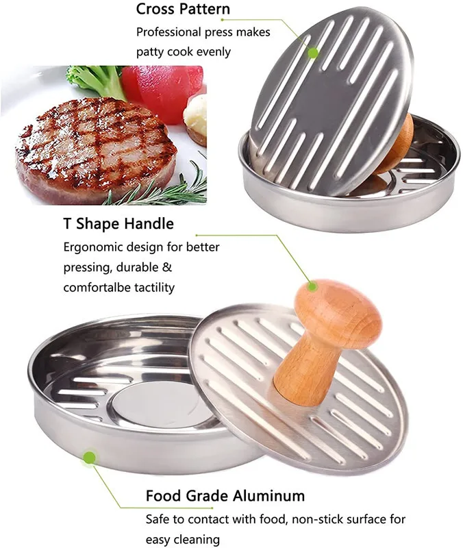 Stainless Steel Hamburger Patty Maker With Wood Handle For Meat Veggie