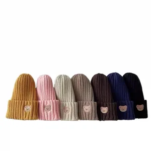 New Arrival Candy Color Bear Head Embroidered Knit Hat for Boys and Girls Kids Hat