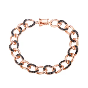 Rose Gold Plated Sterling Silver Cuban Link Bracelet with Black Cz Zircon Fine Women's Jewelry