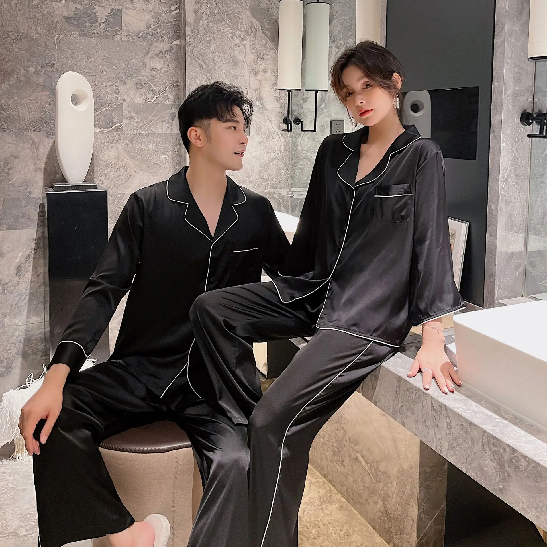 Long Couple Silk Pajamas Sets Silk Matching Pajamas for Women and Men