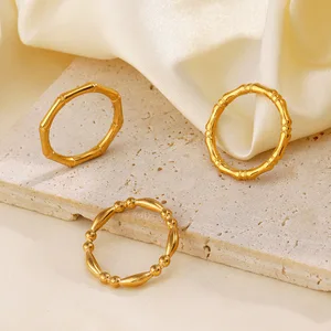 MW Minimalist Bamboo Design Stackable Wedding Ring 18K Gold Plated Stainless Steel Waterproof Women's Rings