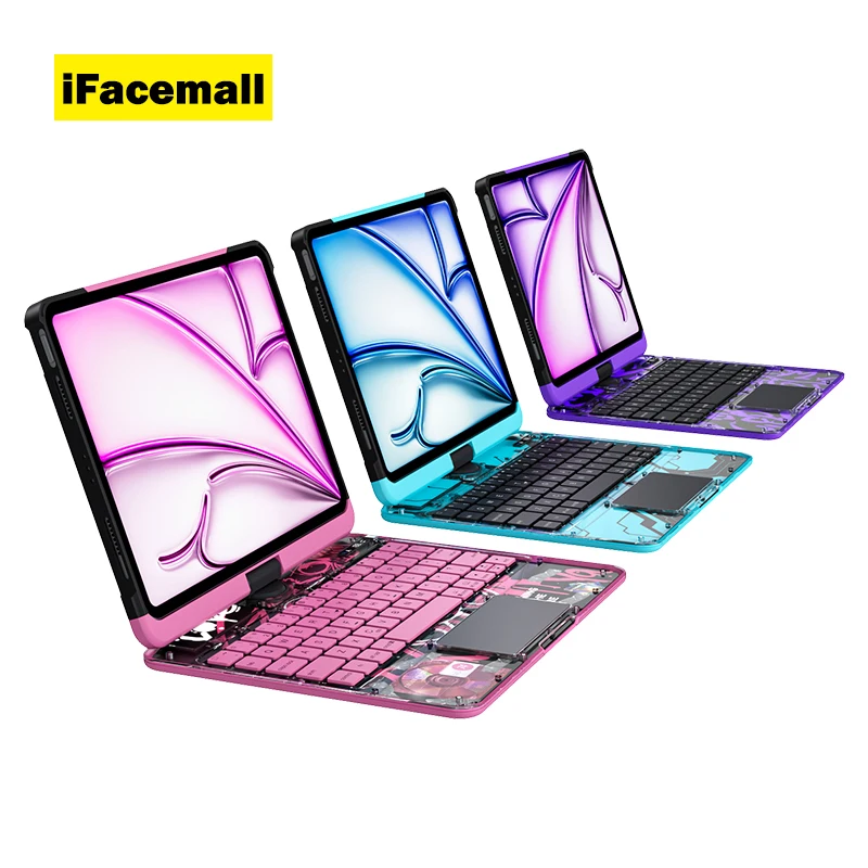 IFacemall Newest Transparent Neon Color Keyboard Cover for iPad with 360 Rotated Keyboard for iPad Air 11inch 2024  Air 5th