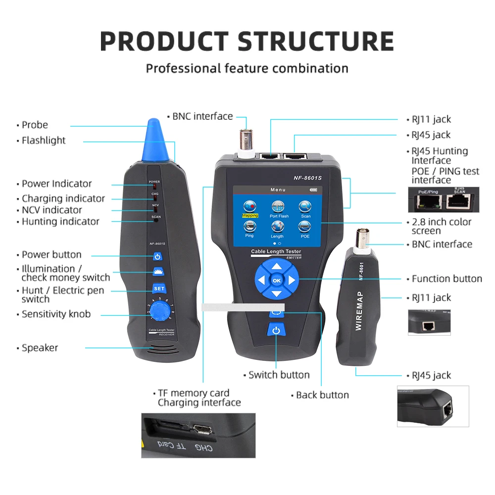 NF-8601S Multifunction TDR Network Cable Tester with PoE/PING/Port Flash Function