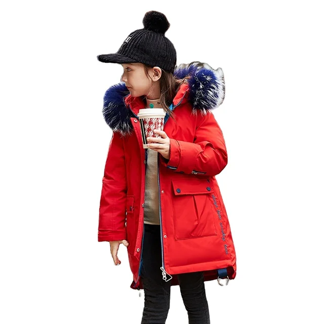 Children's Outdoor Winter Down Jackets Kids Windbreaker Jacket Thick Fur Hood Down Coats Outwear Long Clothing Length Longsleeve