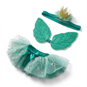 Baby Green Fairy Costume Set with Wings Glitter Foil-Print Sparkle Tulle Tutu Skirt