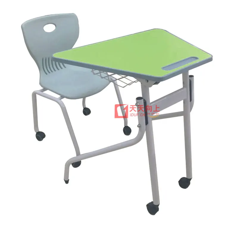 Portable Folding Table and Chair Set Trapezoidal Table With Wheels and Book Rack