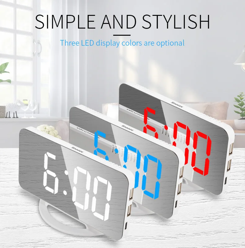 Digital LED Alarm Clock Mirror 2 USB Charger Ports LED Table Clock Snooze Function Adjustable Brightness Desk Clocks