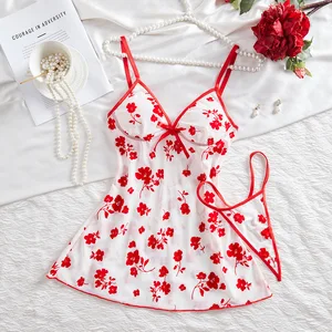 2026 New Valentine's Day Sexy Strapless Nightdress Sheer Lace Print Pure Desire Sheer Backless Dress Nightgown Set