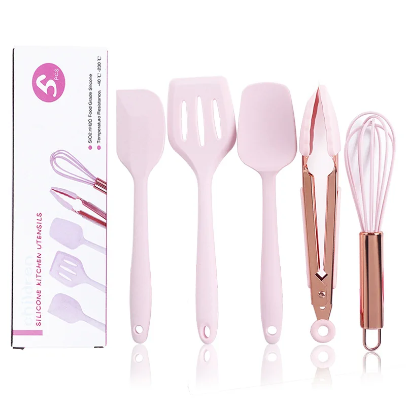 Rose Gold And Pink Kitchen Utensil Small Five-Piece Set Mini Silicone Kids  Kitchen Tools Whisk Spatula Tongs Spoon And Slotted Spatula(Kids Baking