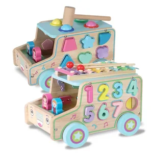 Multi-functional Wooden Dragging Intelligence Box Educational Math Shape Matching Trailer Puzzle Toys