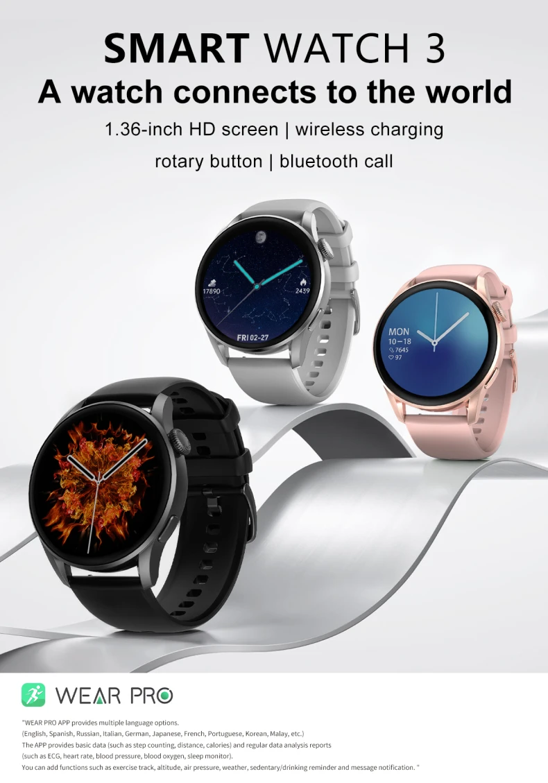 New Product 1.36 Inch HD Screen 390x390, Wireless Charging, Rotary Button, RTL8762D Chip, WearPro APP, BT Call Smart Watch DT3 (1).jpg