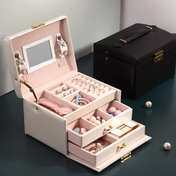 Jewelry Box 3 Layer Drawer Travel Portable Storage Box With Mirror Ring Earrings Necklace PU Leather Jewelry Packing Gift Box