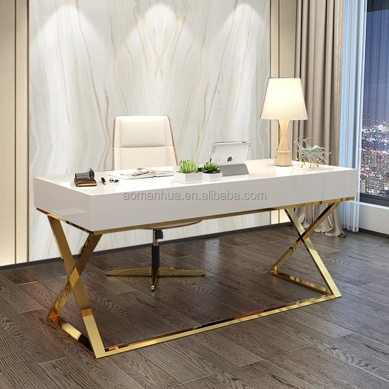 Nordic Glossy Reading Table Bedroom Computer Desk Stainless Steel Legs Home Furniture