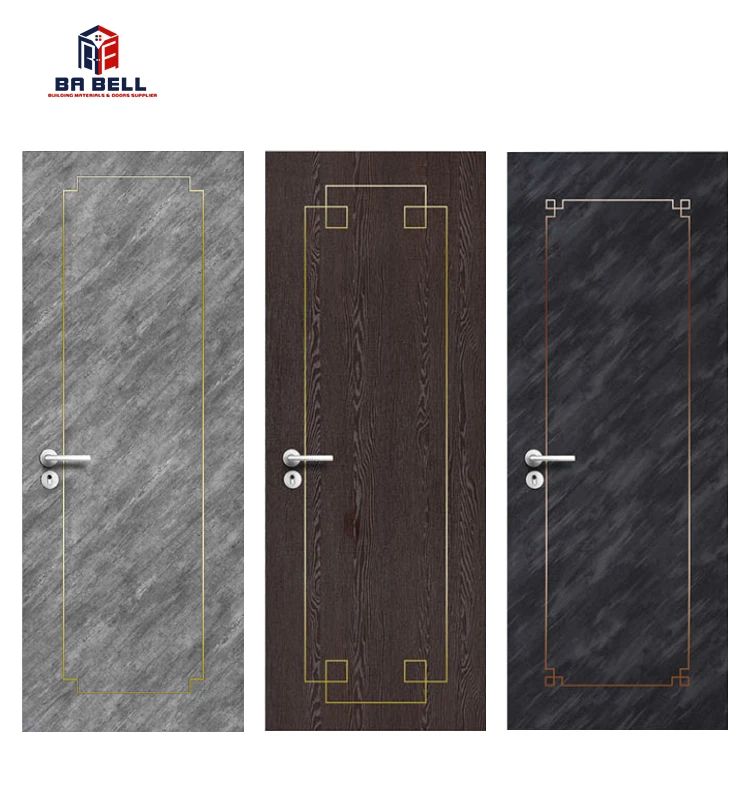 Light Gray Italian Style Simple Design Wooden Golden Metal Strip Doors Light Color Laminated Flush Internal Swing Interior Door