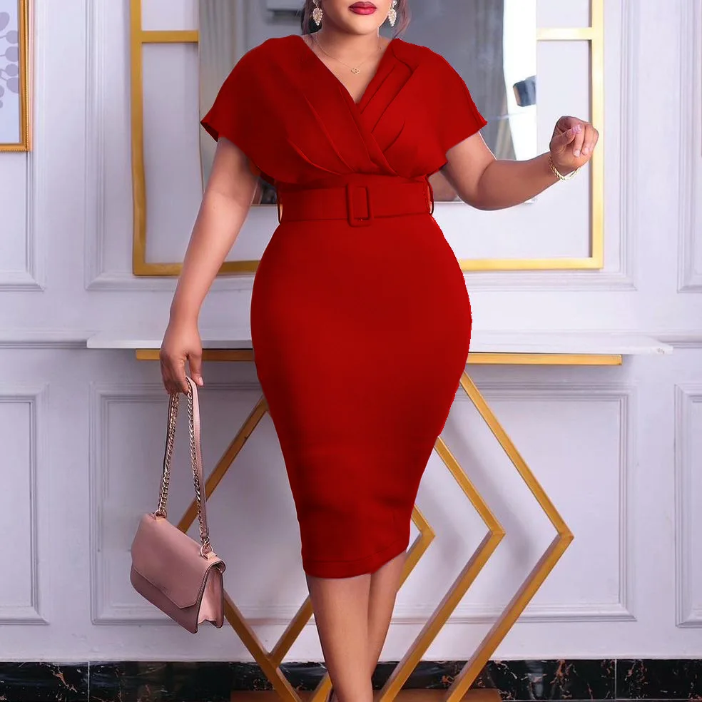 Corporate Dress V Neck Women's Solid Color V-Neck Long Sleeve