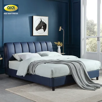 AIDI OEM/ODM European Luxury Modern Bedroom Furniture Letto Bett Tufted Soft King Size Double Wood Genuine Leather Bed Frame