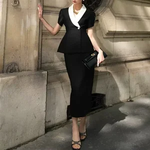 Factory Wholesale Spring Summer 2 Pieces Set Women Elegant Office Ladies Black White Contrast Color Top+ Slim Midi Skirt Set