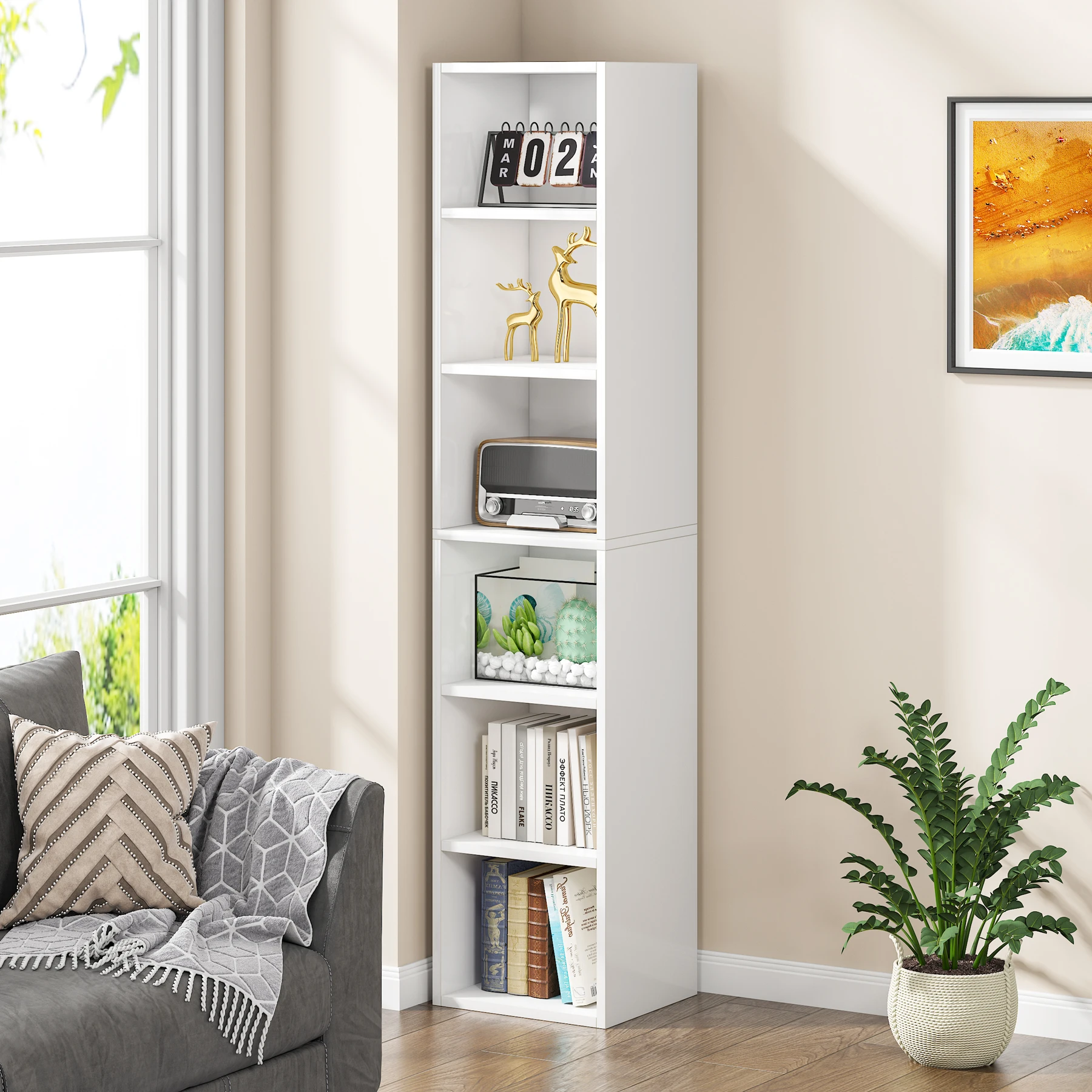 Tribesigns Modern White Corner Bookcase European Wooden 6 Cubes ...