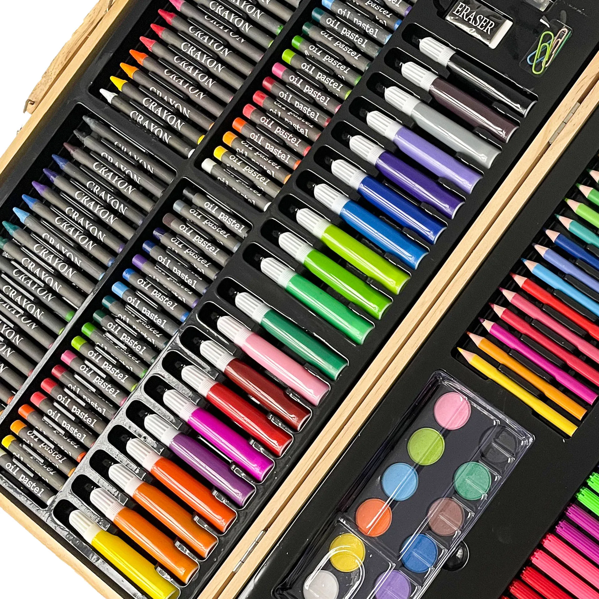 Wooden Art Box & Drawing Kit With Crayons Oil Pastels Colored Pencils ...