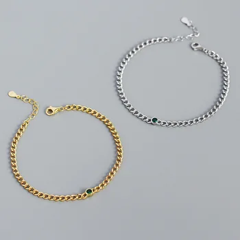 Luxury S925 Chain Gemstones Bracelet INS 925 Sterling Silver Chunky Chain Green Crystal Bracelet For Girls Gift