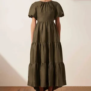 Custom High Quality Eco-Friendly Casual Ruffles Puff Sleeve Linen O Neck Spring Summer Maxi Dress for Girls