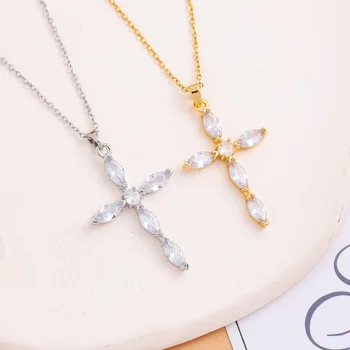Factory Supply Temperament Personality Pink Cross Natural Stone Charms For Women Necklace Jewelry
