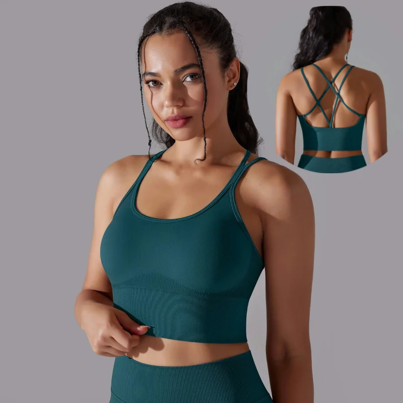 Heißsexy nahtlose Sportmode für Damen, einfarbig, Kreuzband-Design, Sports-BH, Baumwoll-Yoga-Kleidung, Damenlauf-und-Fitness-Outfit