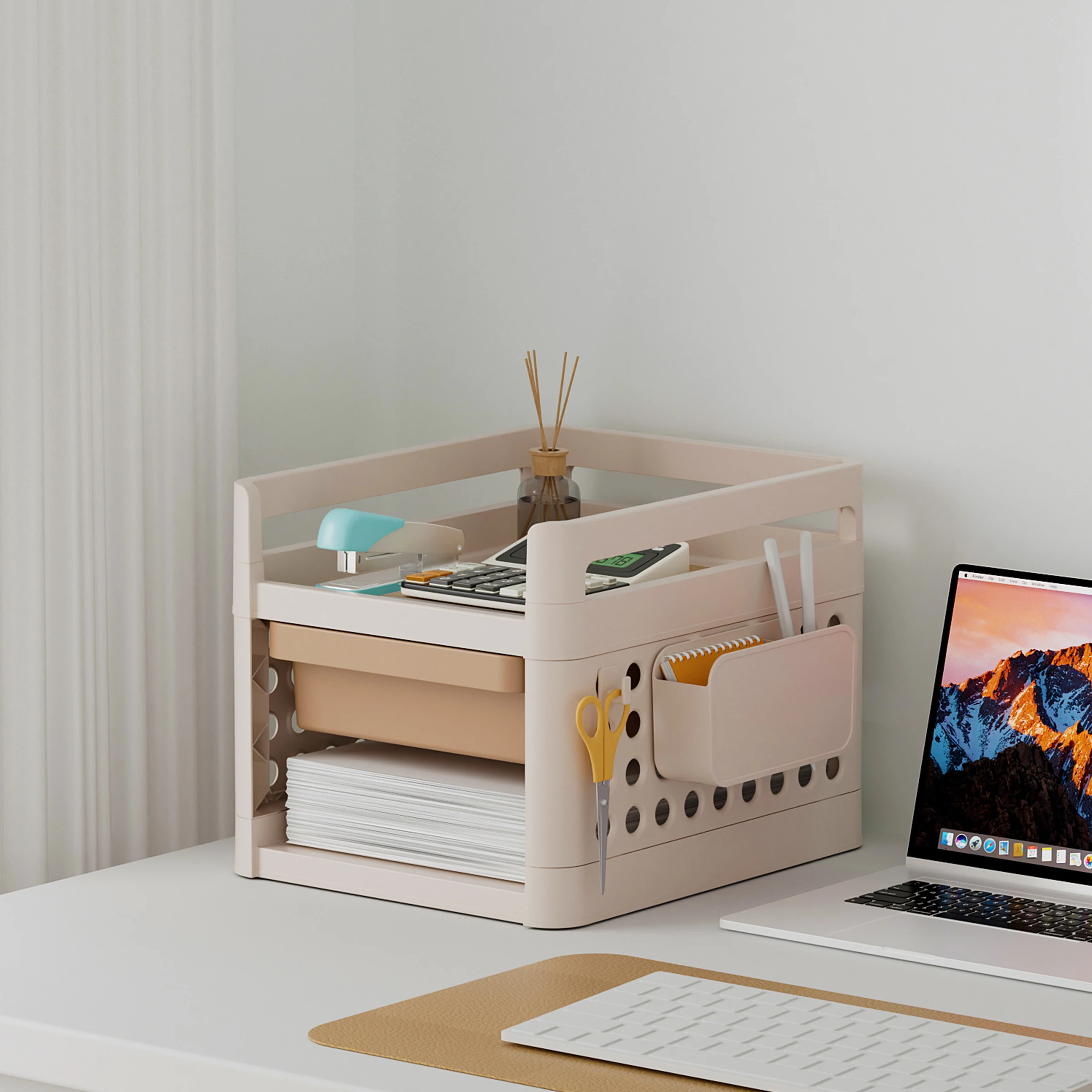 Double Desktop Storage Shelf Square PP Plastic for Office Stationery Cosmetics Kitchen Bathroom Organization Office Accessories
