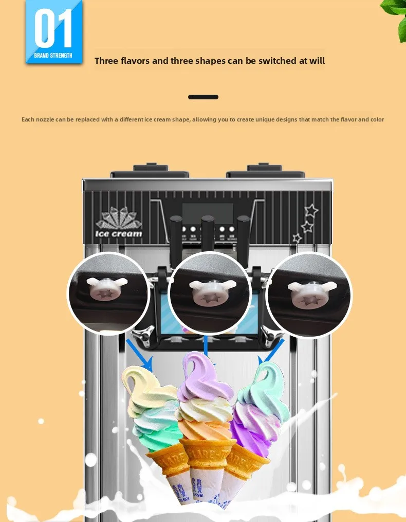 ZB-BQL128 Commercial Small Desktop Three-head Soft Ice Cream Machine Stainless Steel CE Certified Restaurant Use One-Year