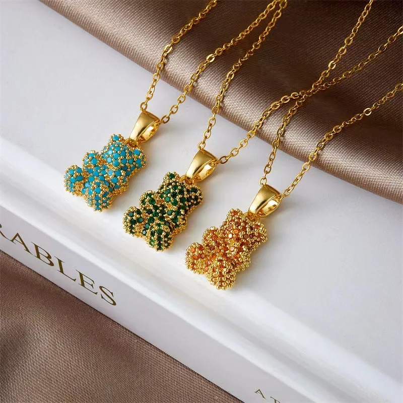Korean Style Zircon Bear Gold Pendant Necklace