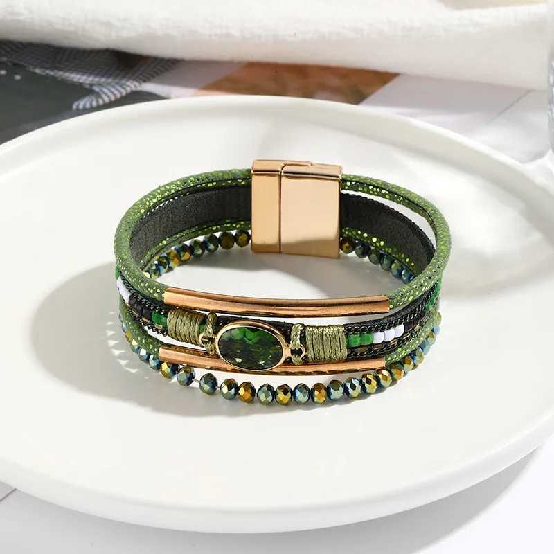 Bracciale Giro Di Pelle Con Cristalli E Chiusura Magnetica – Regalo Unico