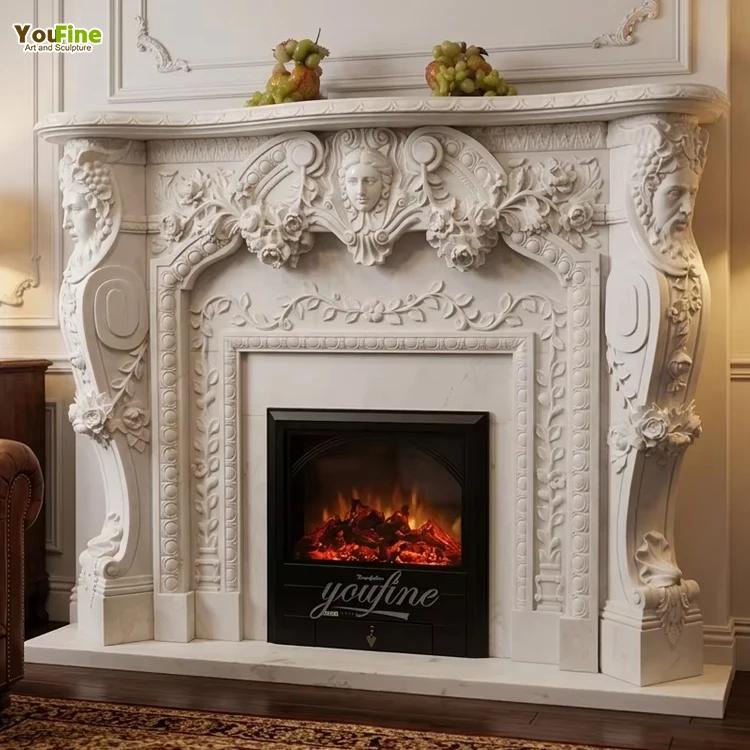 YouFine Hand Carved Natural White Marble Fireplace Mantel Arched French Style Figured Statue Fireplace Surround Luxury Decor