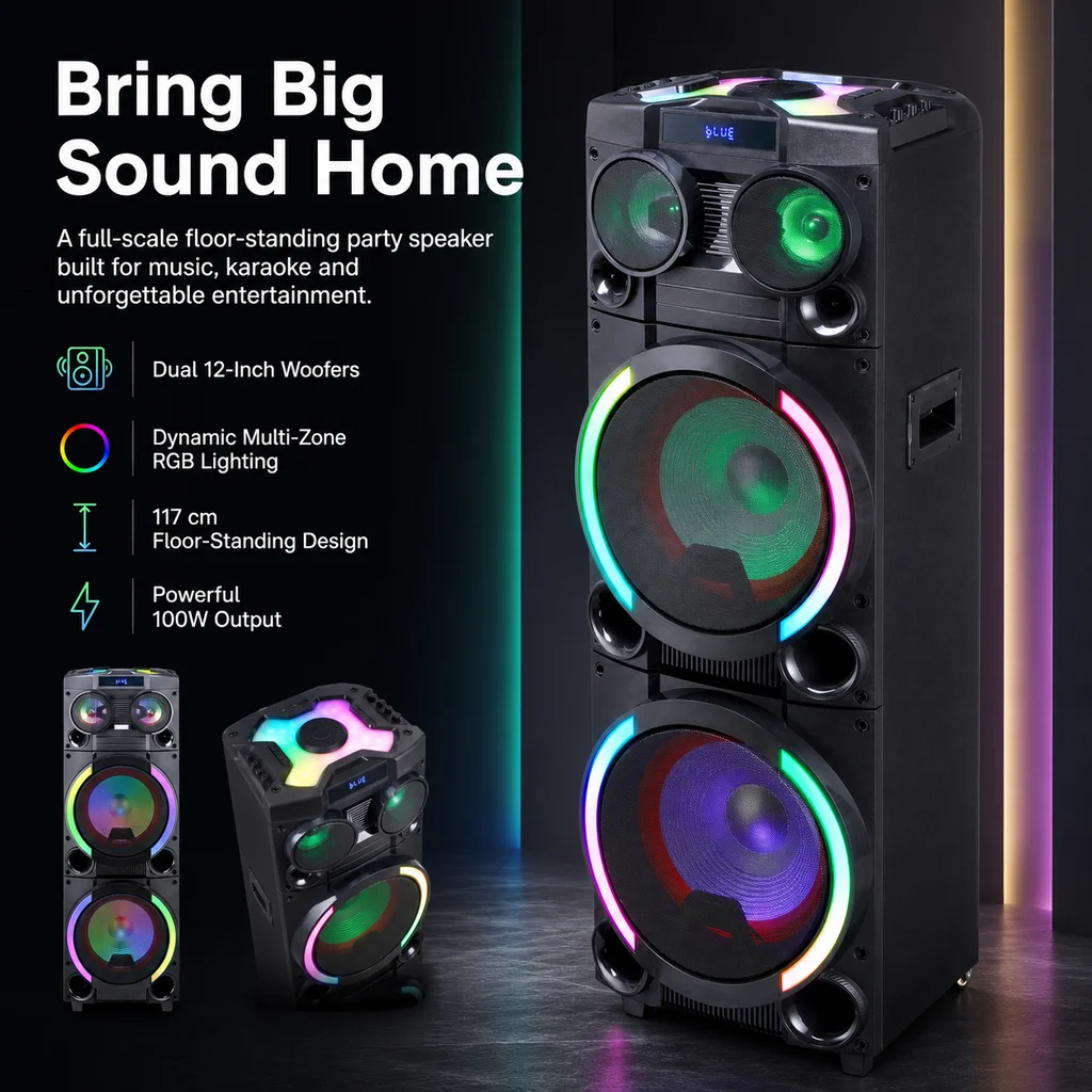 HANSUO HS-TD12P8 100W Dual 8 Inch Floor Standing Karaoke Party Speaker with 7Ah Battery RGB Lights USB FM and Recording Function