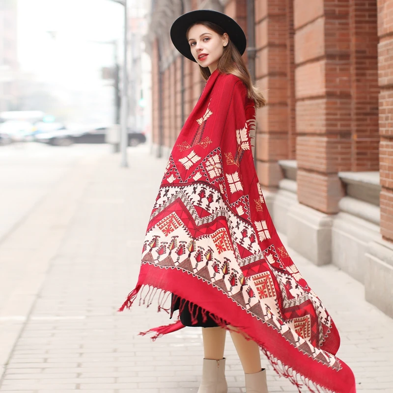 Red Geometric Design Merino Wool Extra Large Scarf Shawl Wrap for Women Winter Oversized Floral Blanket