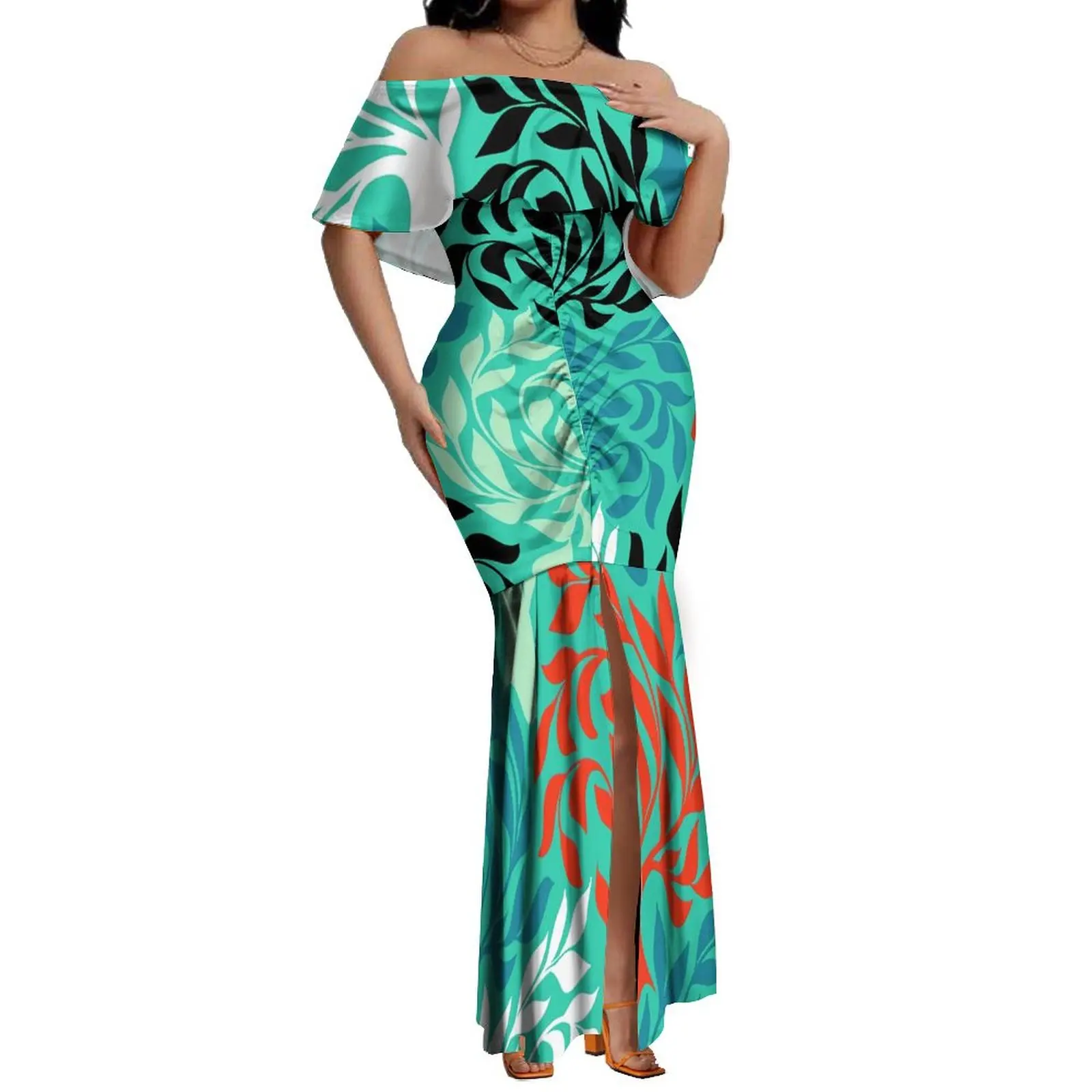 New Hawaiian Style Women Elegant Hibiscus Flower Printed Slim Long Fishtail  Evening Dress Custom Ladies Slit Mermaid Dresses