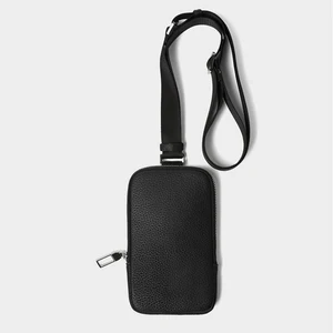 Custom Logo Fashion Black Leather Men's Crossbody Mobile Cell Phone Case Bag With Lanyard