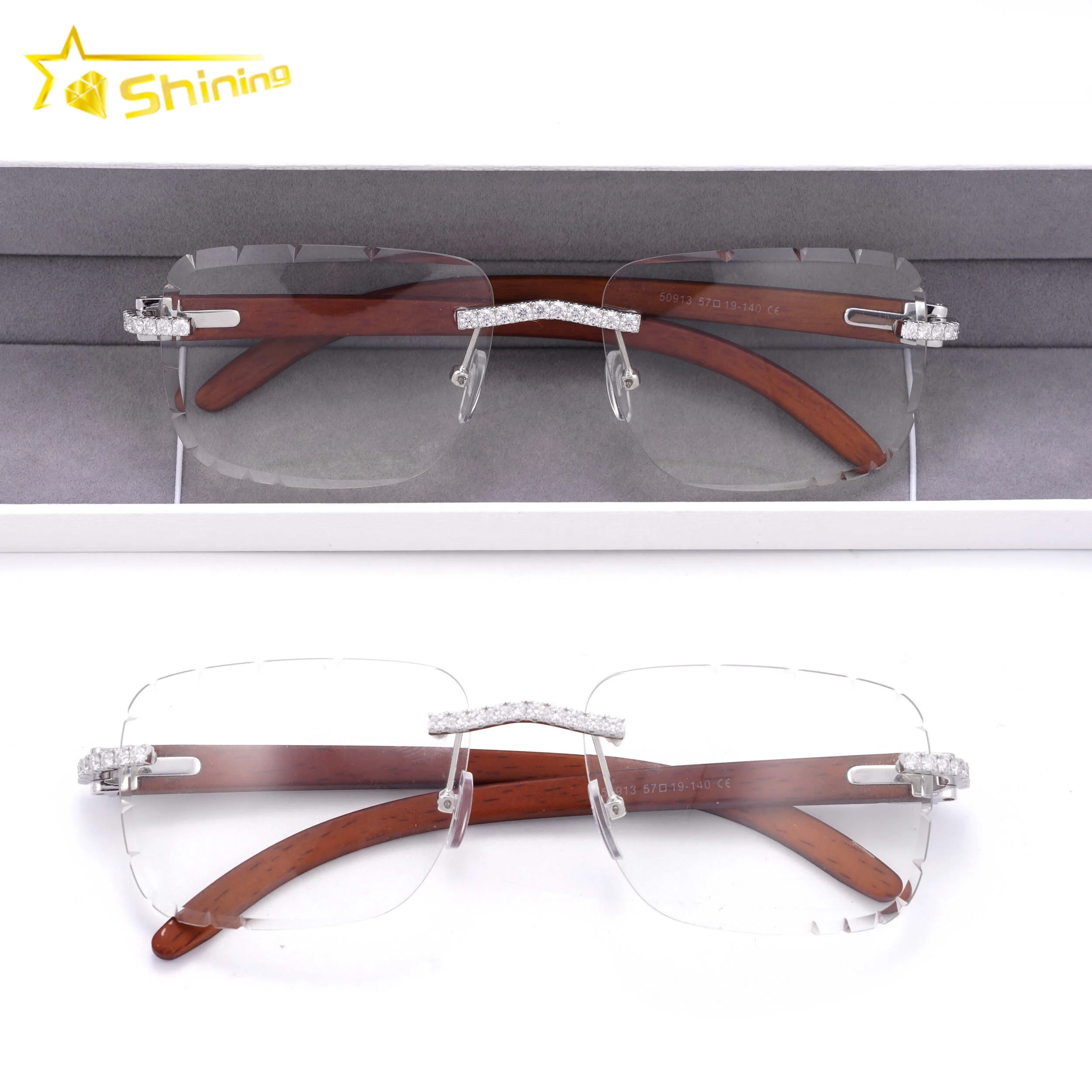 Hot Sell Custom Clear Rimless Wooden Silver Pass Diamond Tester Moissanite  Fashion Sunglasses
